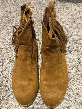 Brash Cognac Suede Fringe Ankle Booties